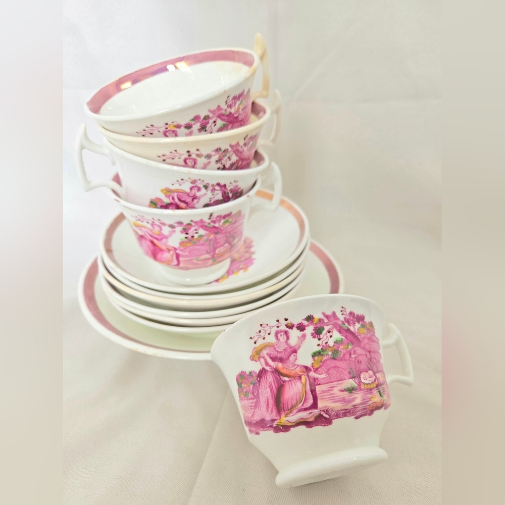 Antique 1800s Staffordshire Sunderland Pink Lusterware 12-Piece Tea Set Moses